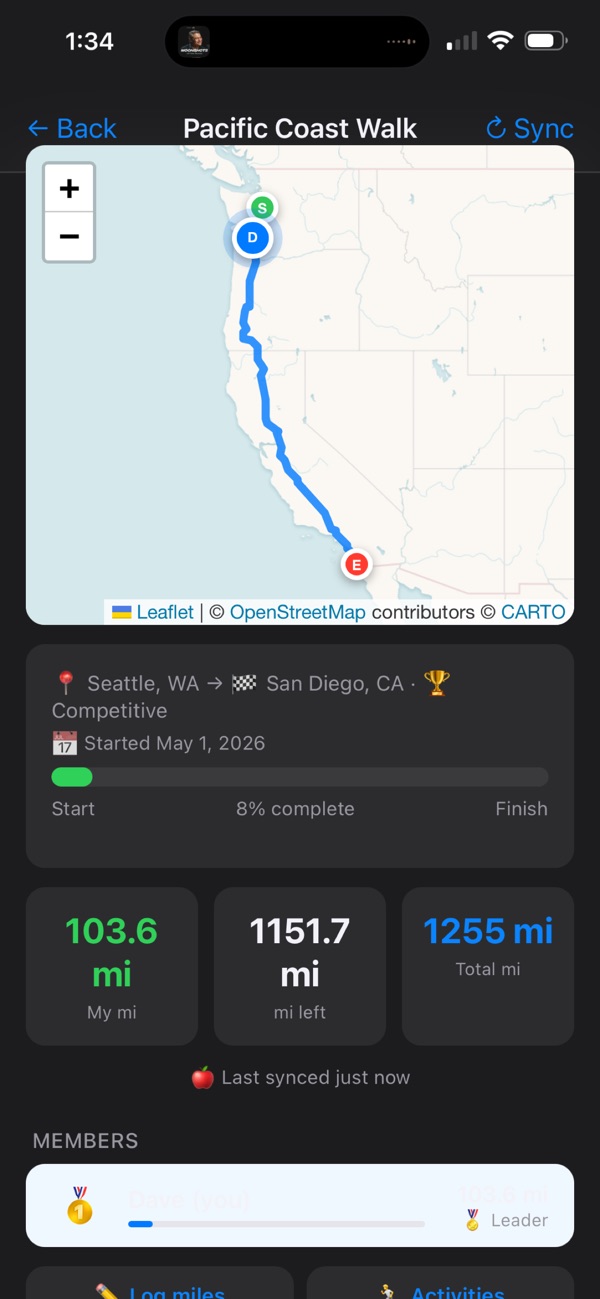 Map showing walkers' progress down the Pacific coast